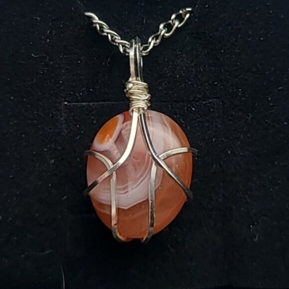 Handcrafted Banded Agate Wire-Wrapped Pendant Necklace – Earthy Crystal Jewelry - Picture 1 of 2